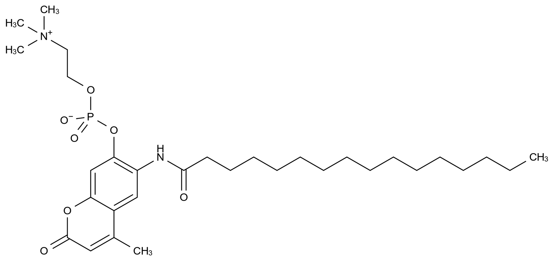 6-Hexadecanoylamino-4-methylumbelliferyl Phosphorylcholine结构式